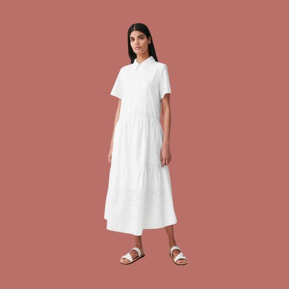 COS Flowy Cotton White Eyelet Beachy Vacation Tiered Midi Dress, Women's 10 - Picture 1 of 16